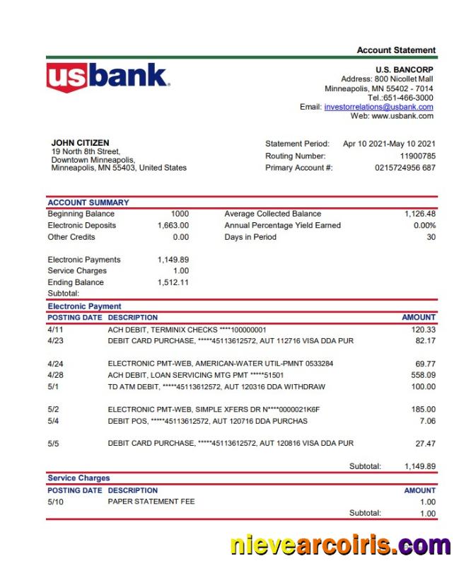 USA Bancorp bank statement easy to fill in .xls and .pdf file format